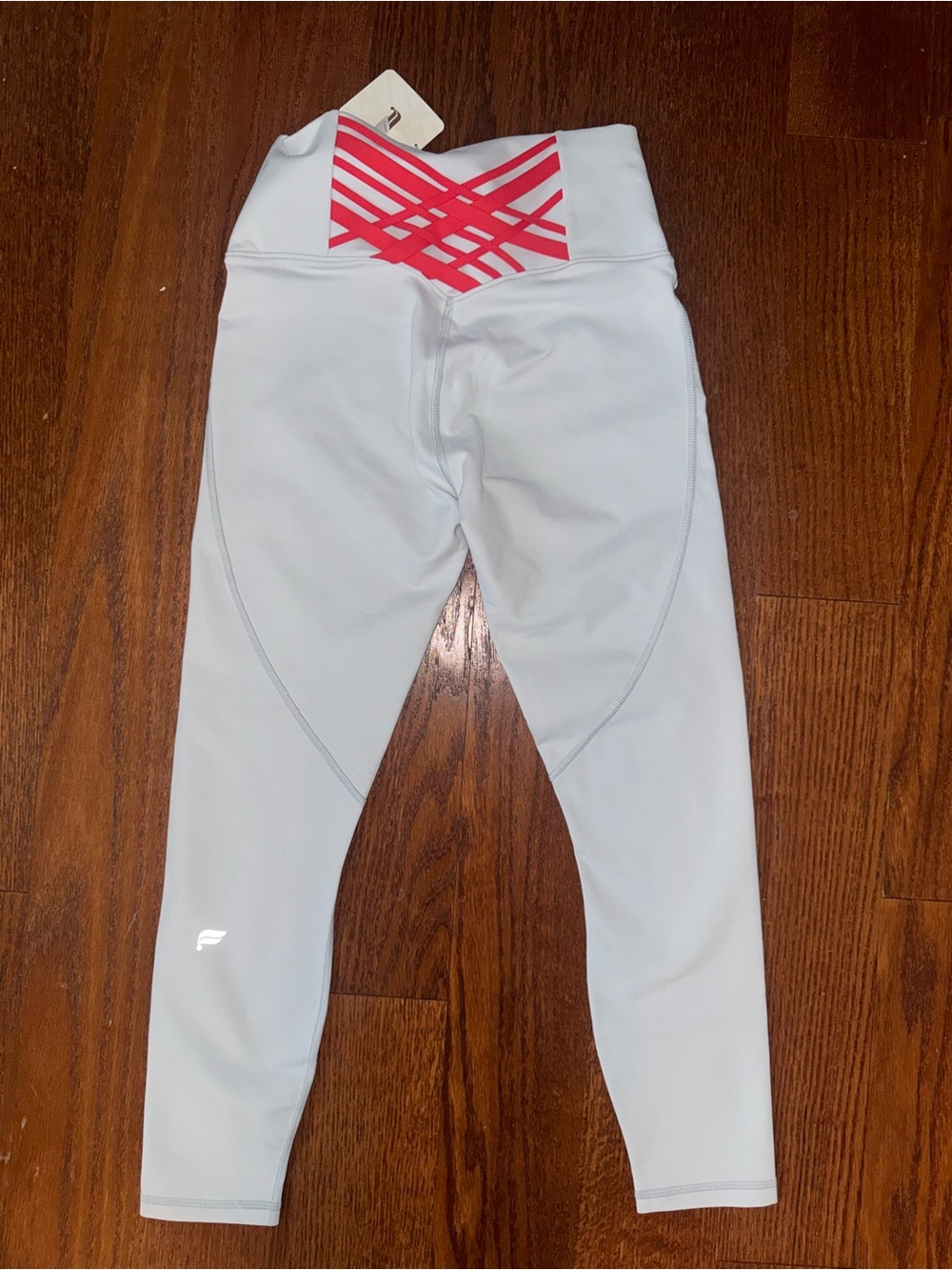 Fabletics powerhold greyish Leggings with Pink Crisscross Waistband